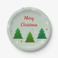 Christmas tree forest, snowflakes, red blue dots paper plates