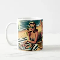 Retro Woman at Beach reading a Fashion Magazine Coffee Mug