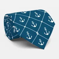 White Nautical Anchors and Rope Squares Neck Tie