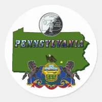 Pennsylvania Map, Quarter, Flag and Picture Text Classic Round Sticker