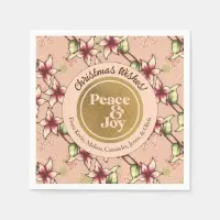 Peace & Joy, Pink and Gold Poinsettia Christmas Napkins