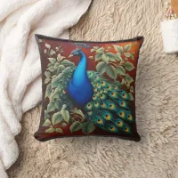 Vibrant Peacock Amidst Lush Greenery Throw Pillow