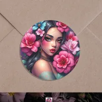 Beautiful Hispanic Anime Woman Classic Round Sticker