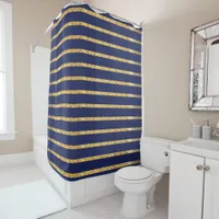 Hamptons Navy Blue and Gold Striped Trendy Shower Curtain