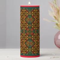 Red, Green & Gold Tapestry Pattern Christmas Pillar Candle