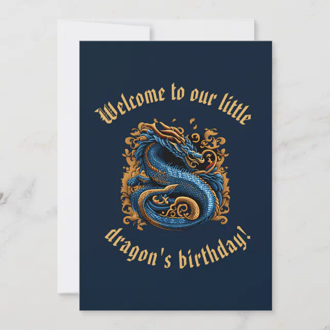 Blue and Gold Medieval Dragon birthday Invitation 