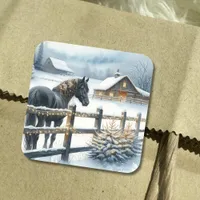 Beautiful Black Horse on a Christmas Farm Square Sticker