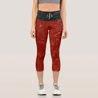 Elegant Red Marble Black Marble Monogram Capri Leggings