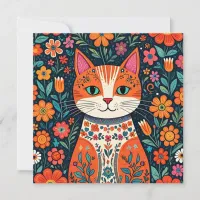 Whimsical Folk Art Cat and Flowers Card