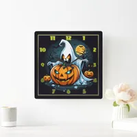 Ghost with glowing pumpkins on Halloween Square Wall Clock