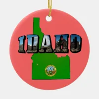 Idaho Map, Seal and Picture Text Ceramic Ornament