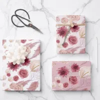 Girly Pastel Pink Floral Roses & Wildflower Wrapping Paper Sheets