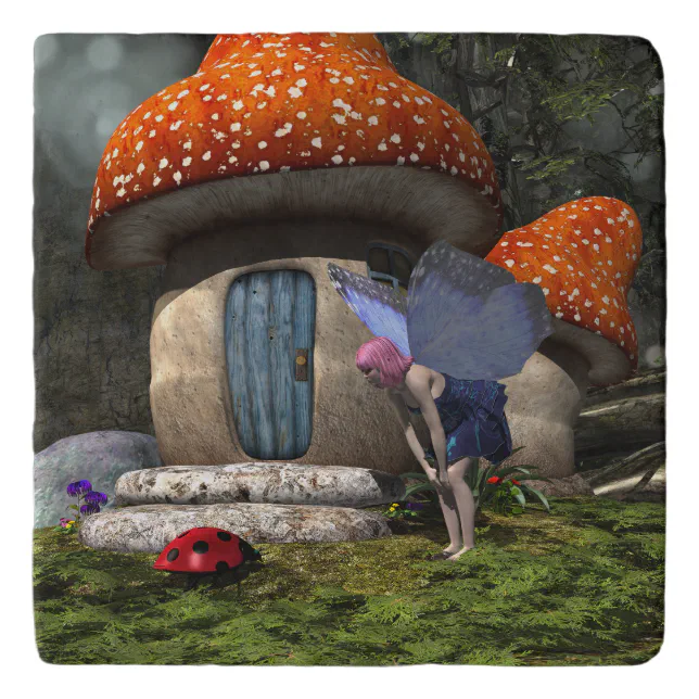 Cute Pink-Haired Fairy Meets Ladybug Trivet