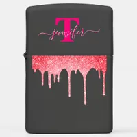 Dripping Metallic Hot Pink Glitter Monogram Zippo Lighter