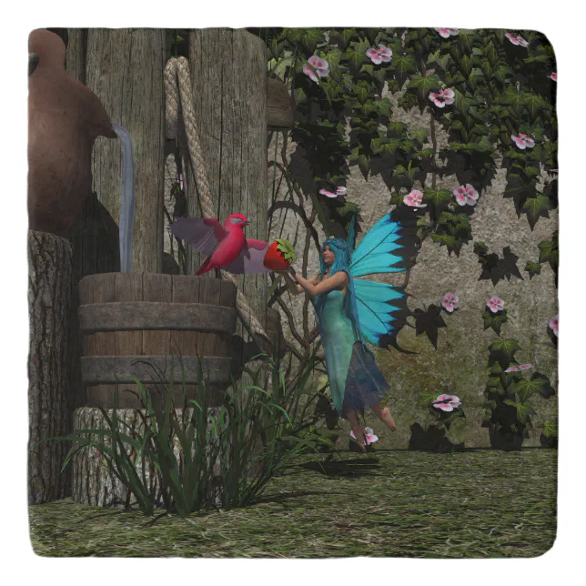 Cute Fairy Feeding a Bird Trivet