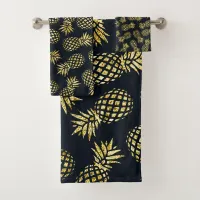 Navy Blue Gold Pineapple Pattern Bath Towel Set