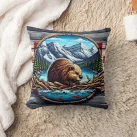 Beaver Building Lodge by Mountain Lake in Canada Throw Pillow