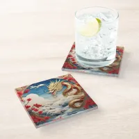 Fire breathing dragon red blue and gold scales glass coaster