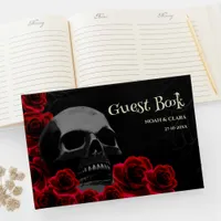 Scary floral Gothic Skull and Red Roses Halloween Guest Book