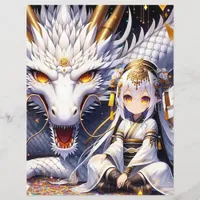 Anime Girl and White and Gold Dragon