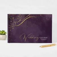 Fine Gold Lines Abstract Wedding Plum ID867 Guest Book