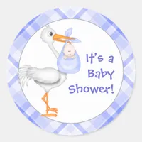 Stork & Baby Boy Baby Shower Classic Round Sticker