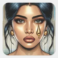 Pretty Sad Woman with Gold Tear Square Sticker