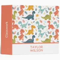 Cute Colorful Dinosaur Pattern Kids Name 3 Ring Binder