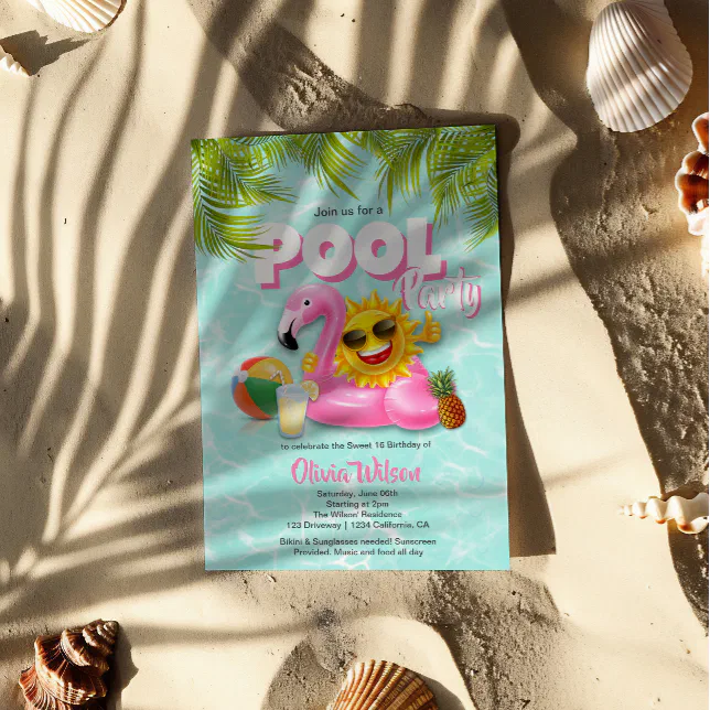 Bright Tropical pool party pink flamingo Sweet 16 Invitation