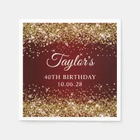 Gold Glitter Dark Red Ombre 40th Birthday Napkins