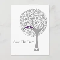 whimsy tree purple lovebirds mod save the date announcement postcard