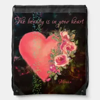 Beautiful Pink Heart black  Drawstring Bag