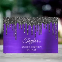 Dripping Black Glitter Violet Glam Sweet 16 Guest Book