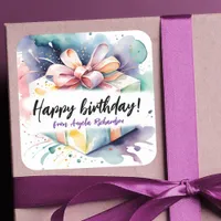 Vibrant Watercolor Birthday Gift Box with Pink Bow Square Sticker