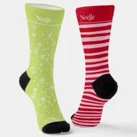 Mismatched Pink Red Stripe Green Snowflake Holiday Socks