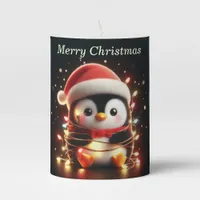 Cute Penguin Wrapped in Christmas Lights Pillar Candle