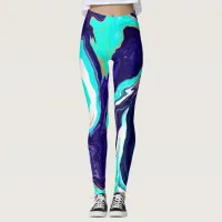 Blue Teal Ocean Swirls Marble Fluid Art   Leggings