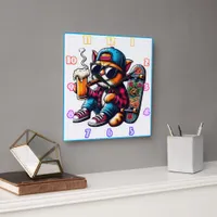 Cat enjoying a drink while skateboarding in style square wall clock