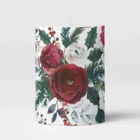Burgundy Roses, Pine, Holly Christmas Floral Pillar Candle