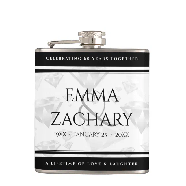 Elegant 60th 75th Diamond Wedding Anniversary Flask