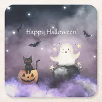 Cute Cat and Ghost Halloween Square Paper Coaster