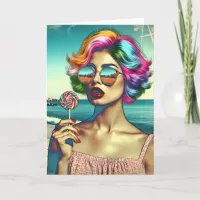 Beautiful Retro Pop Art Woman with Lollipop Card