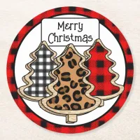 Buffalo Plaid, Red Gingham, Christmas Trees    Round Paper Coaster