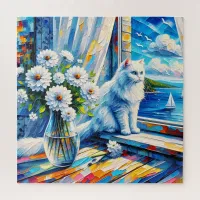 White Cat in Window sill Looking out at the Ocean Jigsaw Puzzle