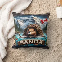 Beaver, Mountain, Flag, Blue Ocean Throw Pillow