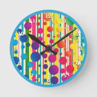 [Beatnik Bubbles] Retro Polka Dot Striped Blue Round Clock