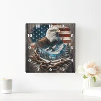 Majestic Eagle Among Mountains and American Flag Square Wall Clock