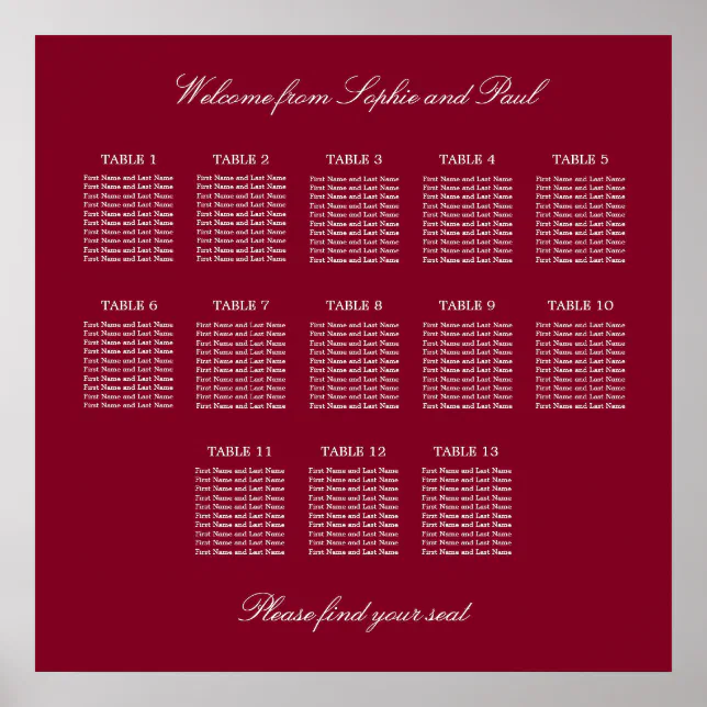 Burgundy 13 Table Wedding Seating Chart Poster