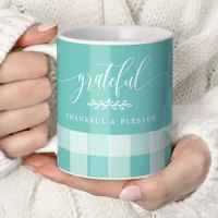 Grateful Thankful Blessed Teal & White Plaid Coffee Mug