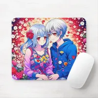 Cute Anime Couple, Flowers and Hearts  Mouse Pad